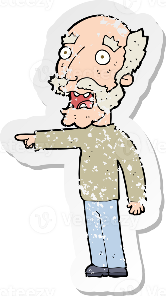 retro distressed sticker of a cartoon scared old man pointing drawing png