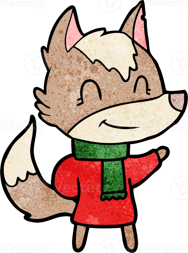 friendly cartoon wolf in winter clothes png