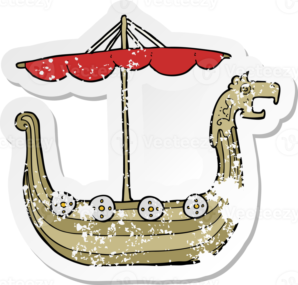 retro distressed sticker of a cartoon viking ship drawing png