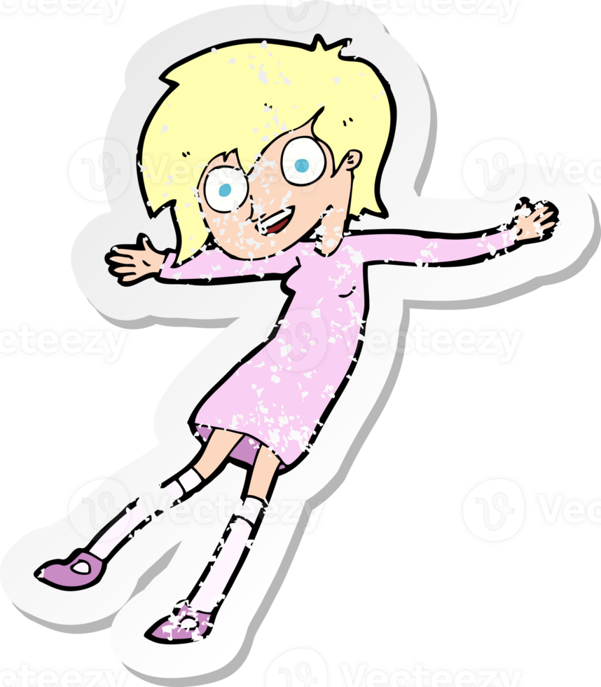retro distressed sticker of a cartoon crazy excited girl drawing png