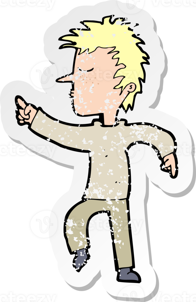 retro distressed sticker of a cartoon man pointing drawing png