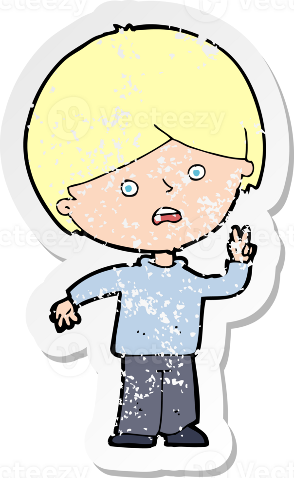 retro distressed sticker of a cartoon unhappy boy giving peace sign drawing png