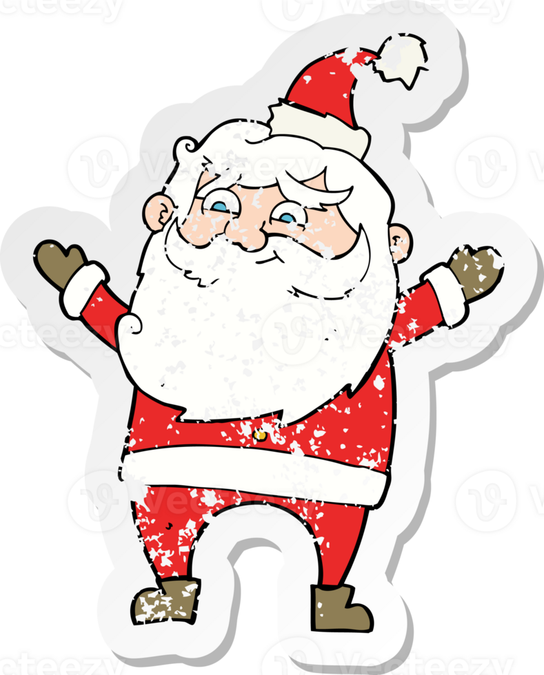 retro distressed sticker of a cartoon happy santa claus drawing png