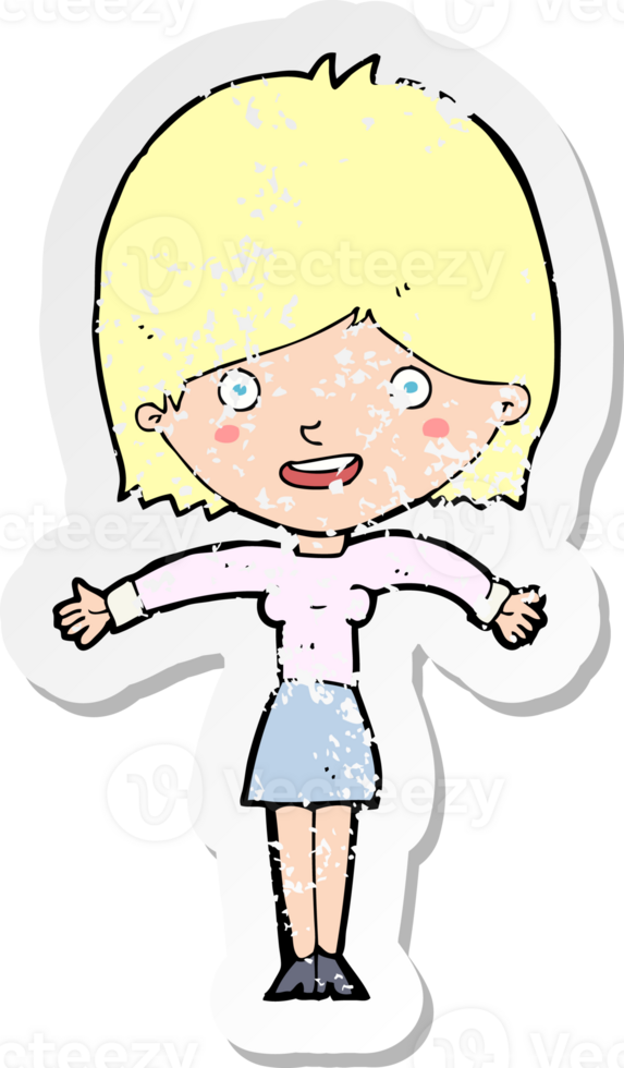 retro distressed sticker of a cartoon excited woman drawing png
