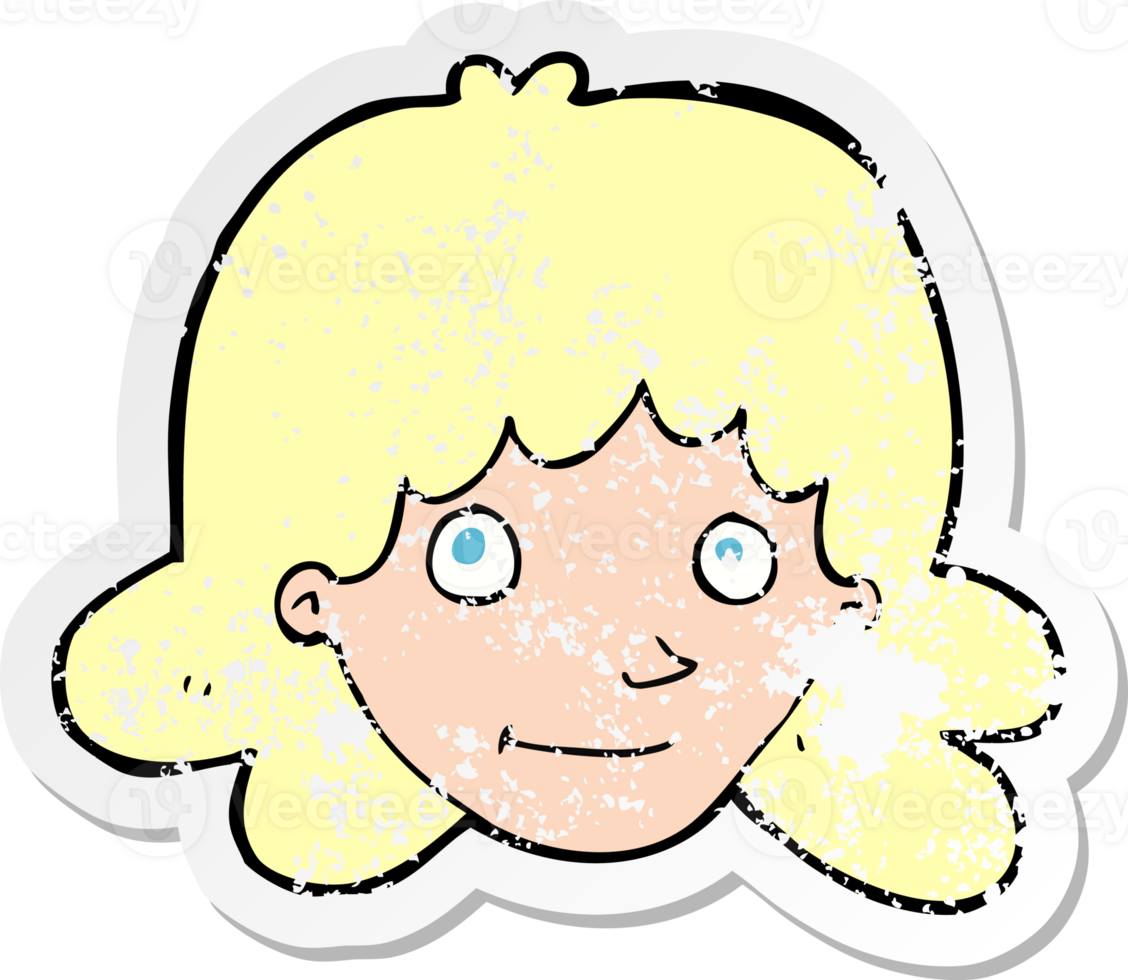 retro distressed sticker of a cartoon happy female face drawing png