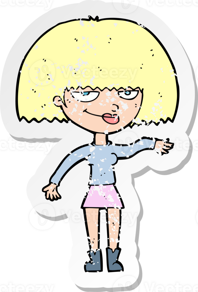 retro distressed sticker of a cartoon smug woman making dismissive gesture drawing png