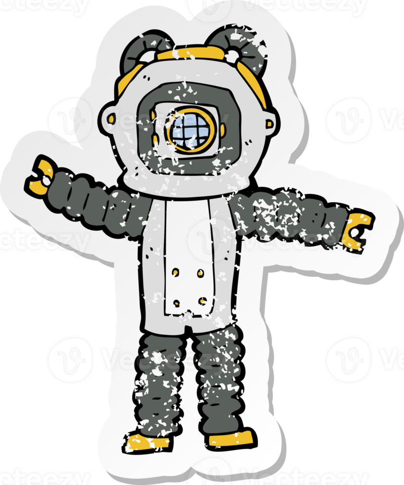 retro distressed sticker of a cartoon deep sea diver drawing png