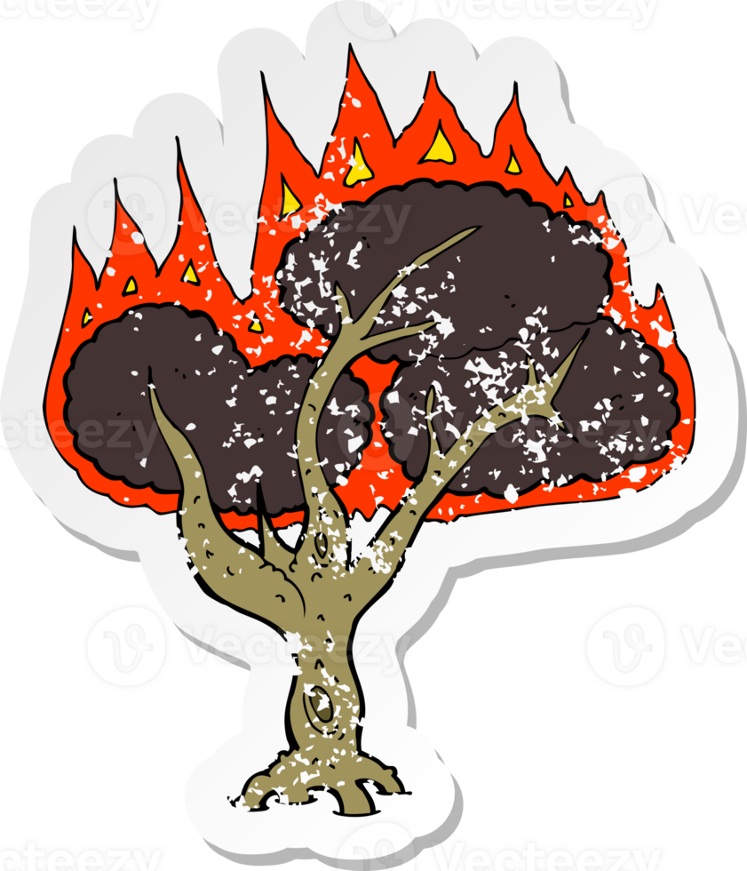 retro distressed sticker of a cartoon burning tree drawing png