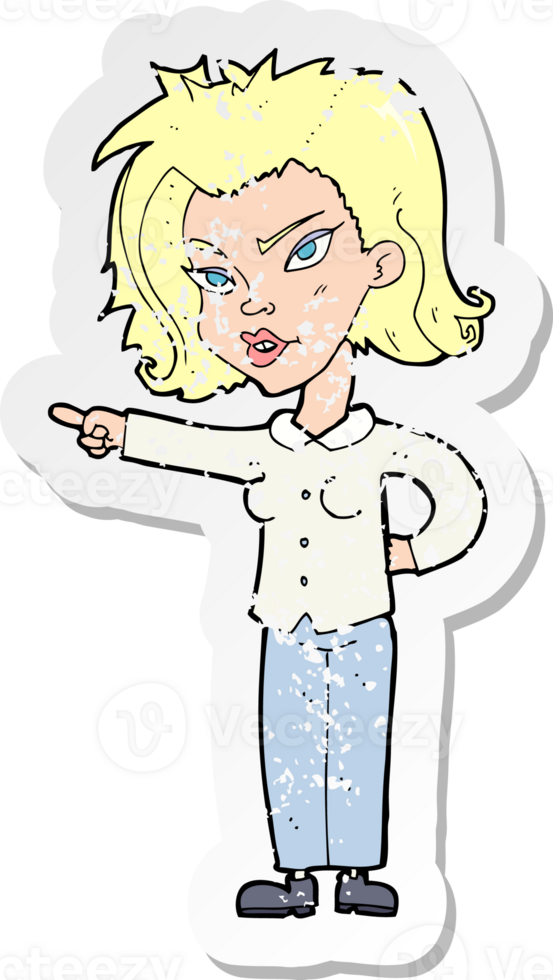 retro distressed sticker of a cartoon woman pointing drawing png
