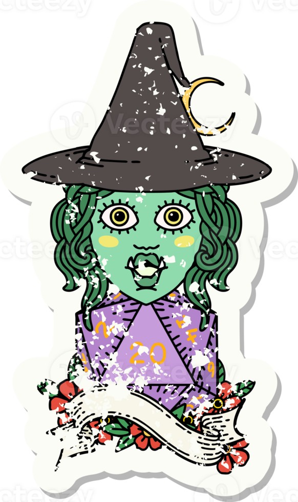grunge sticker of a half orc mage with natural 20 dice roll drawing png