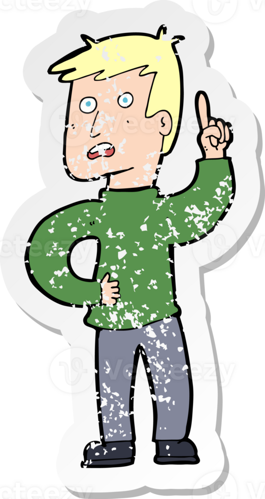retro distressed sticker of a cartoon boy with idea drawing png