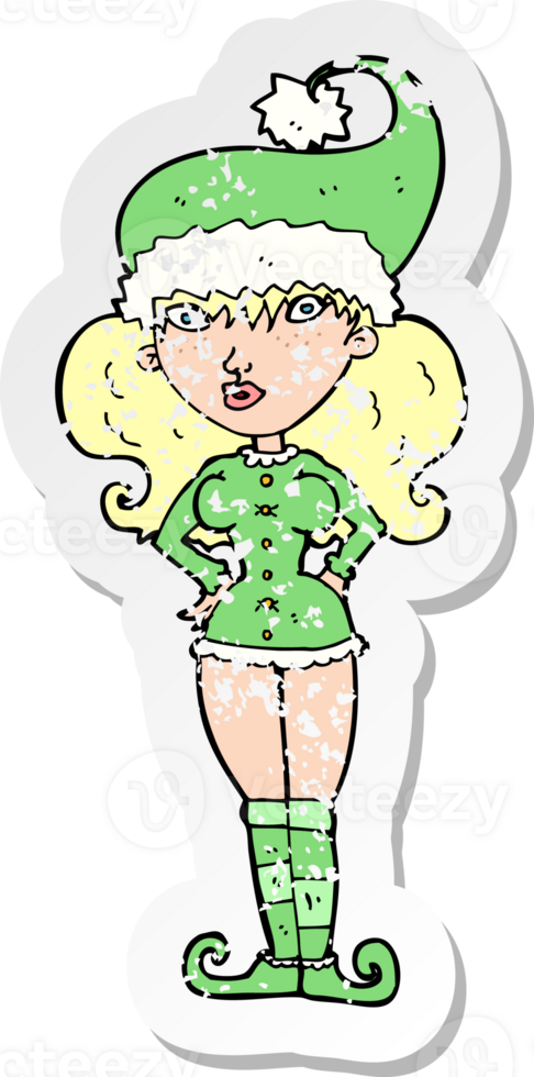 retro distressed sticker of a cartoon santas helper woman drawing png