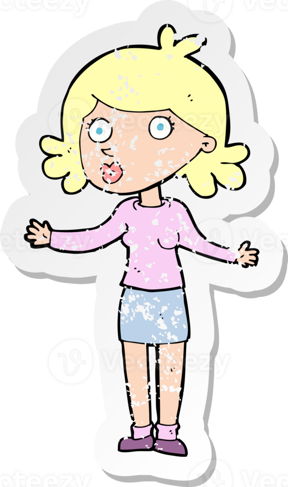 retro distressed sticker of a cartoon confused woman drawing png