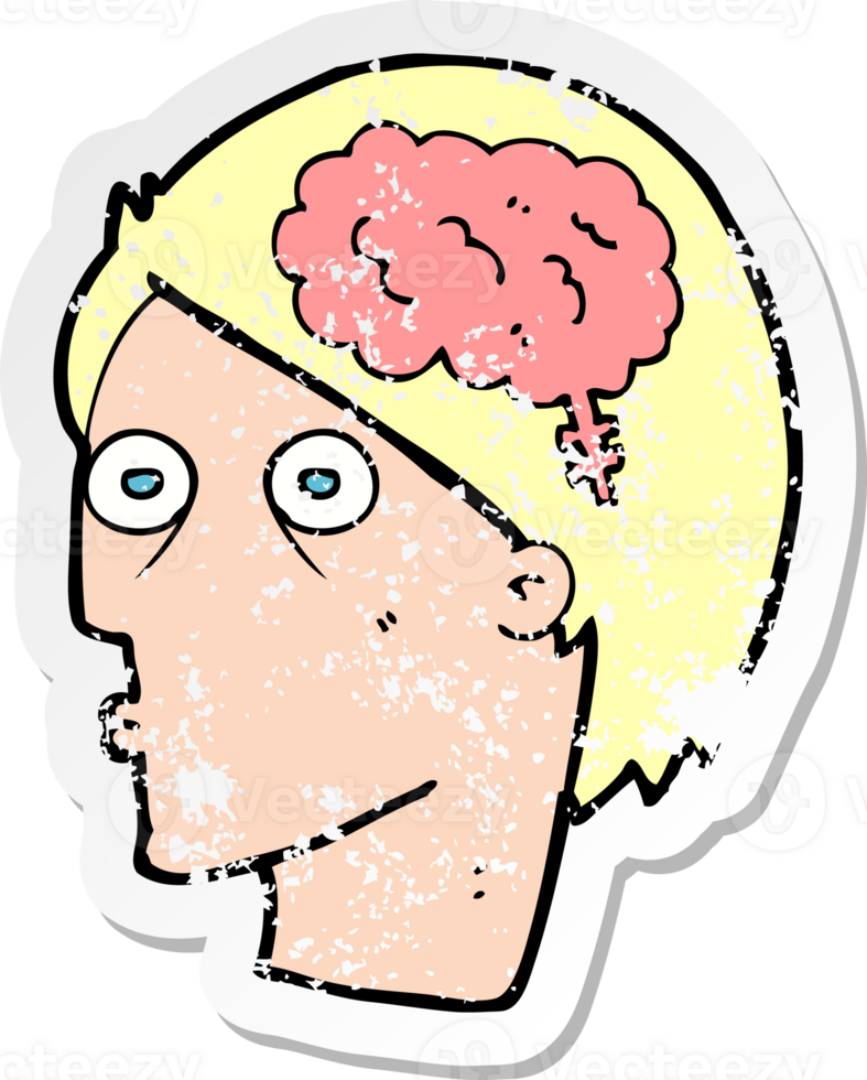 retro distressed sticker of a cartoon head with brain symbol drawing png