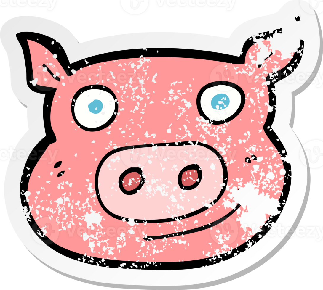 retro distressed sticker of a cartoon pig face drawing png