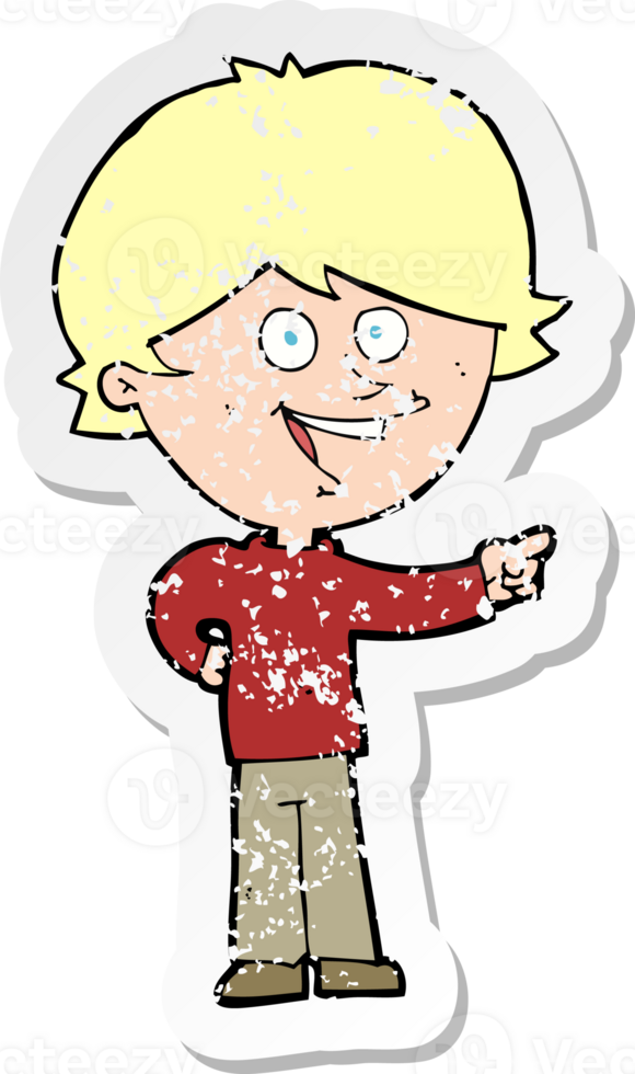retro distressed sticker of a cartoon boy laughing and pointing drawing png