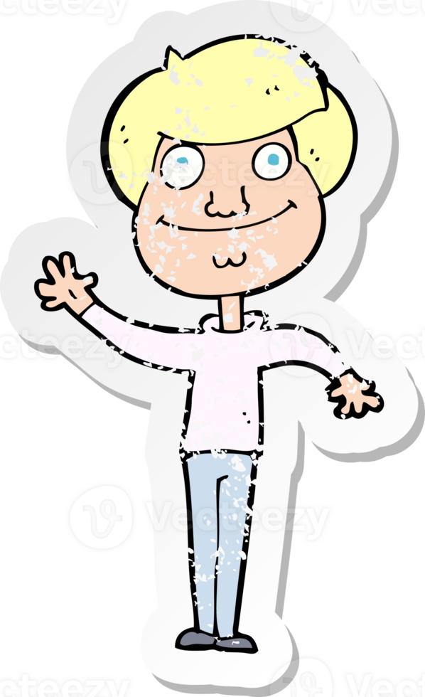 retro distressed sticker of a cartoon happy man waving drawing png