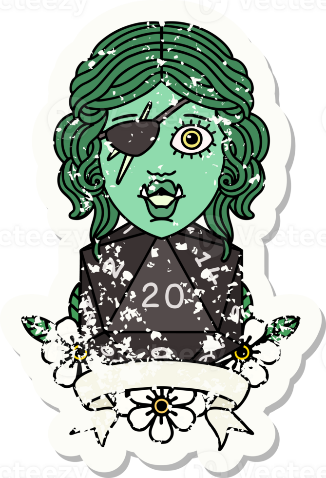 grunge sticker of a half orc rogue character with natural twenty dice roll drawing png