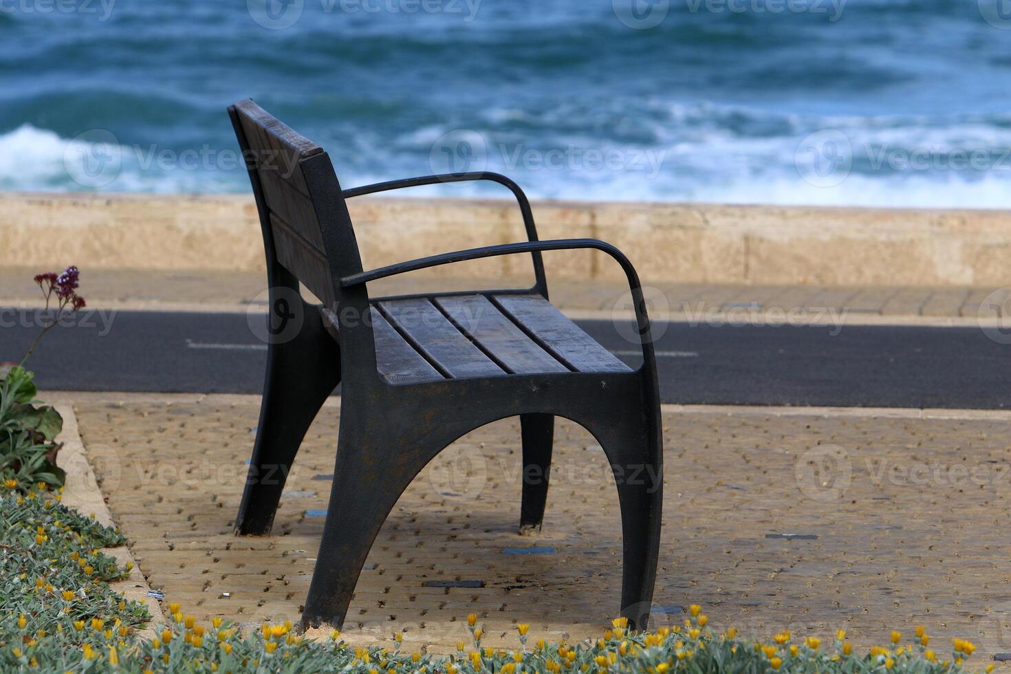 A bench for relaxing in a city park on the seashore. photo