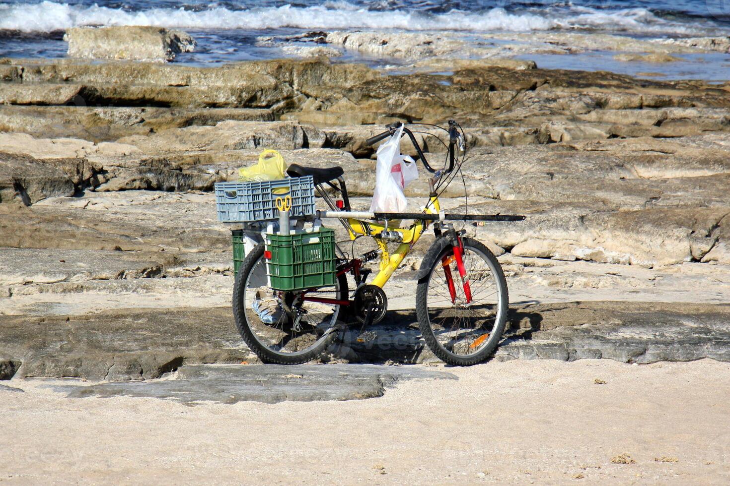 A bicycle is a two-wheeled vehicle without a motor. photo