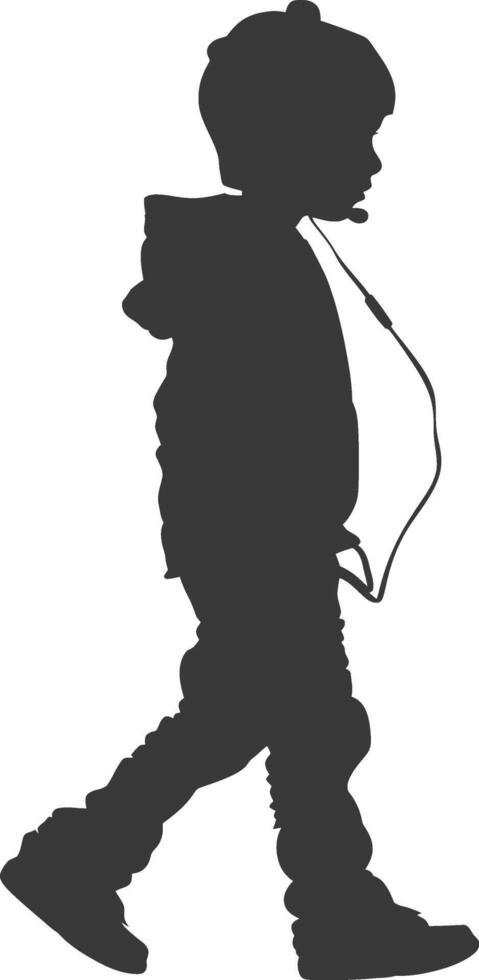 silhouette little boy walking listening to headset black color only vector