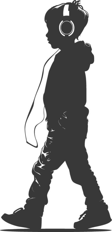 silhouette little boy walking listening to headset black color only vector