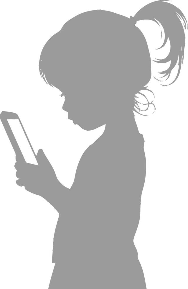 silhouette little girl shows a blank white screen smartphone or tablet vector