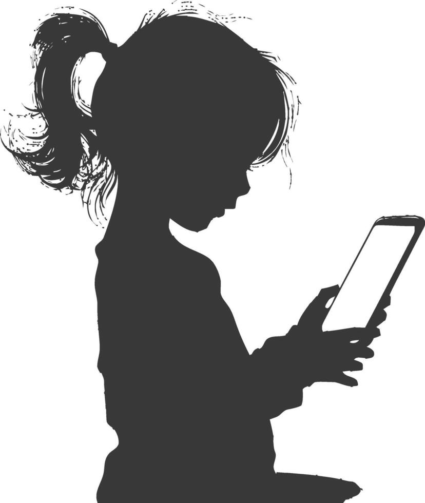silhouette little girl shows a blank white screen smartphone or tablet vector