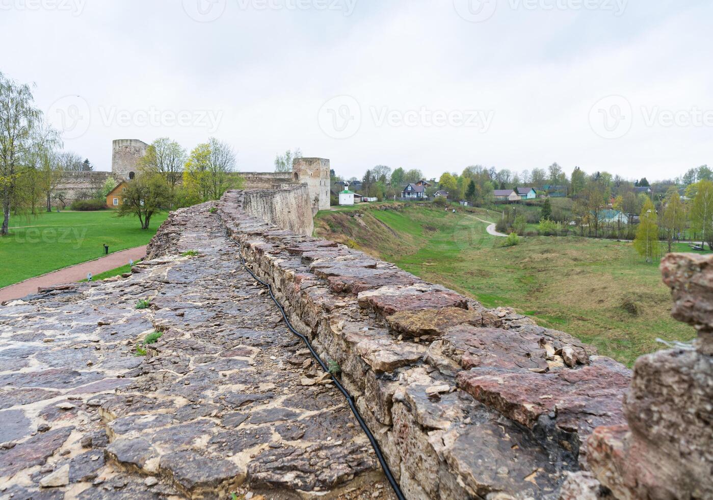 Fortress wall in Izborsk. Pskov region. Russia. Walls of ancient fortress. High quality photo
