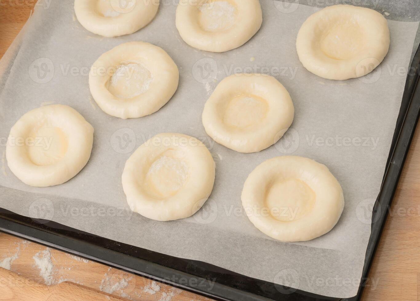 ring of dough with quark in the middle. baking at home, Ball dough with cottage cheese photo