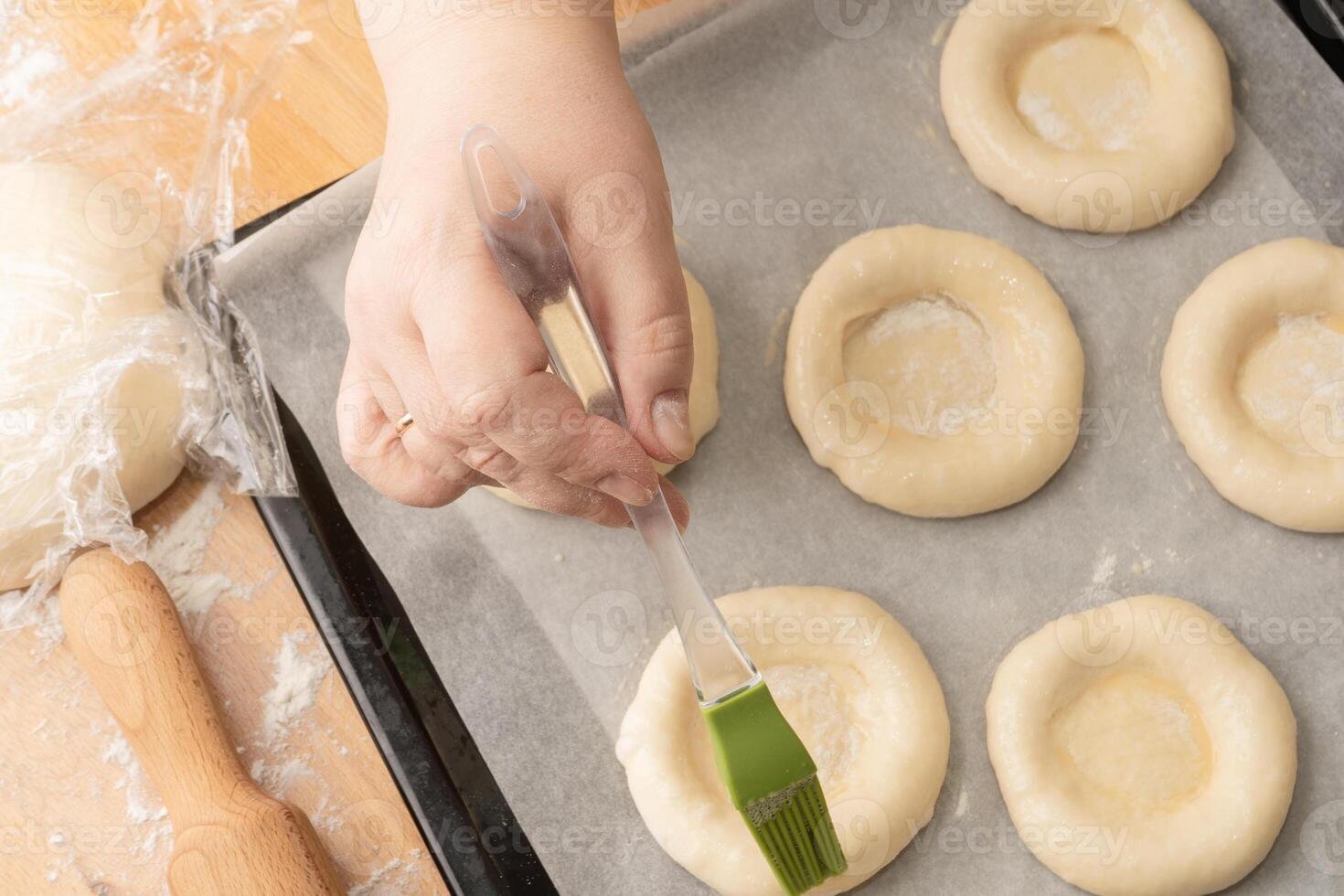 ring of dough with quark in the middle. baking at home, Ball dough with cottage cheese photo