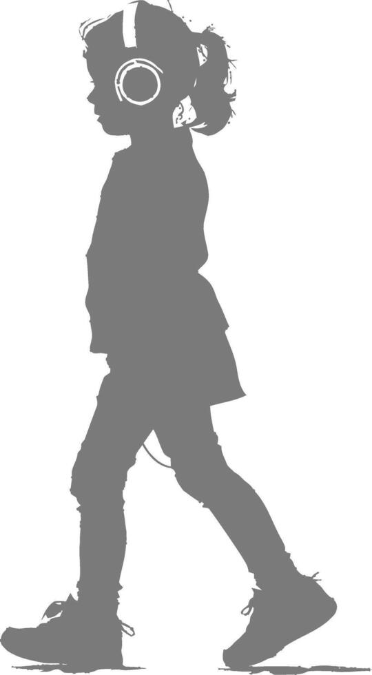 silhouette little girl walking listening to headset black color only vector