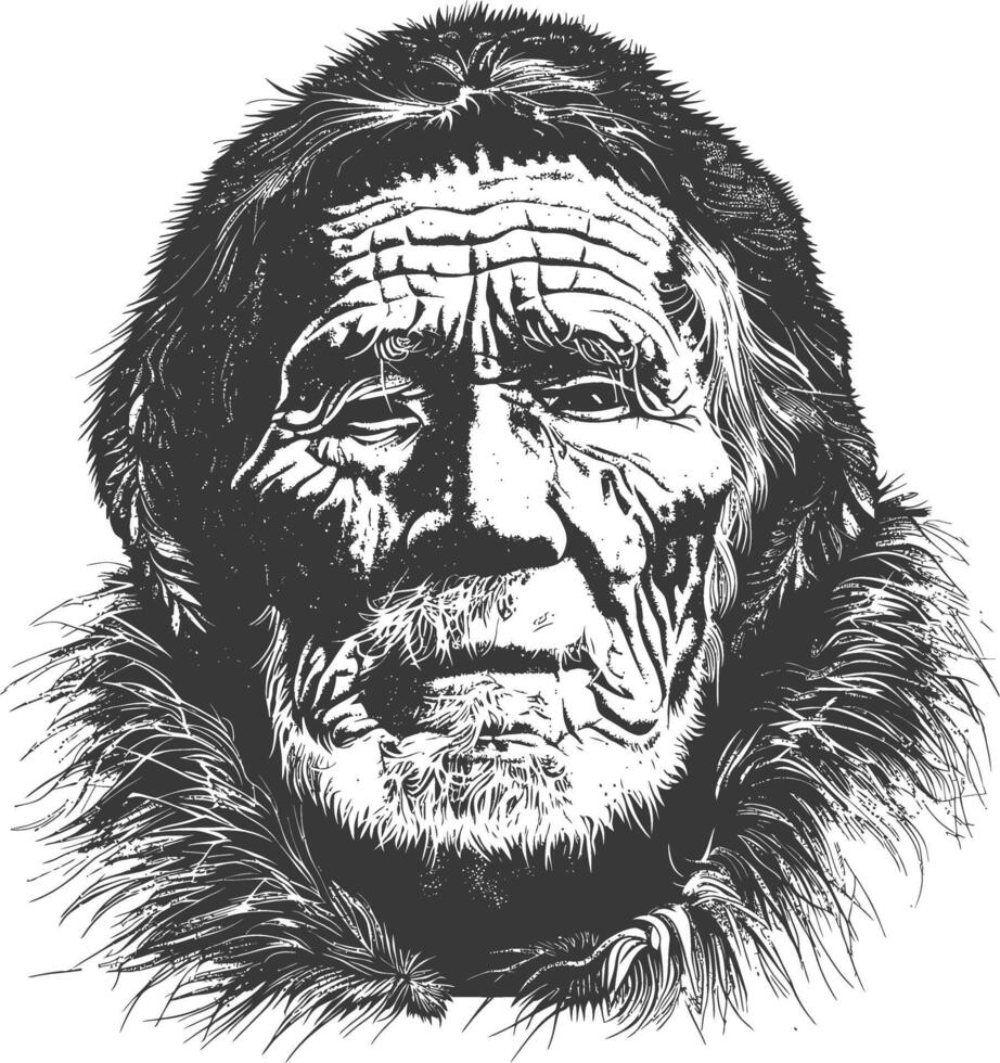 native arctic tribe elderly man body with engraving style black color only vector