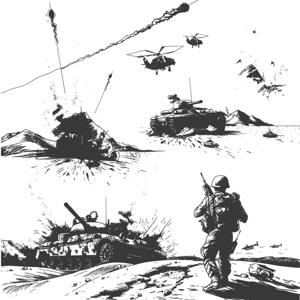 modern war situation with engraving style black color only vector