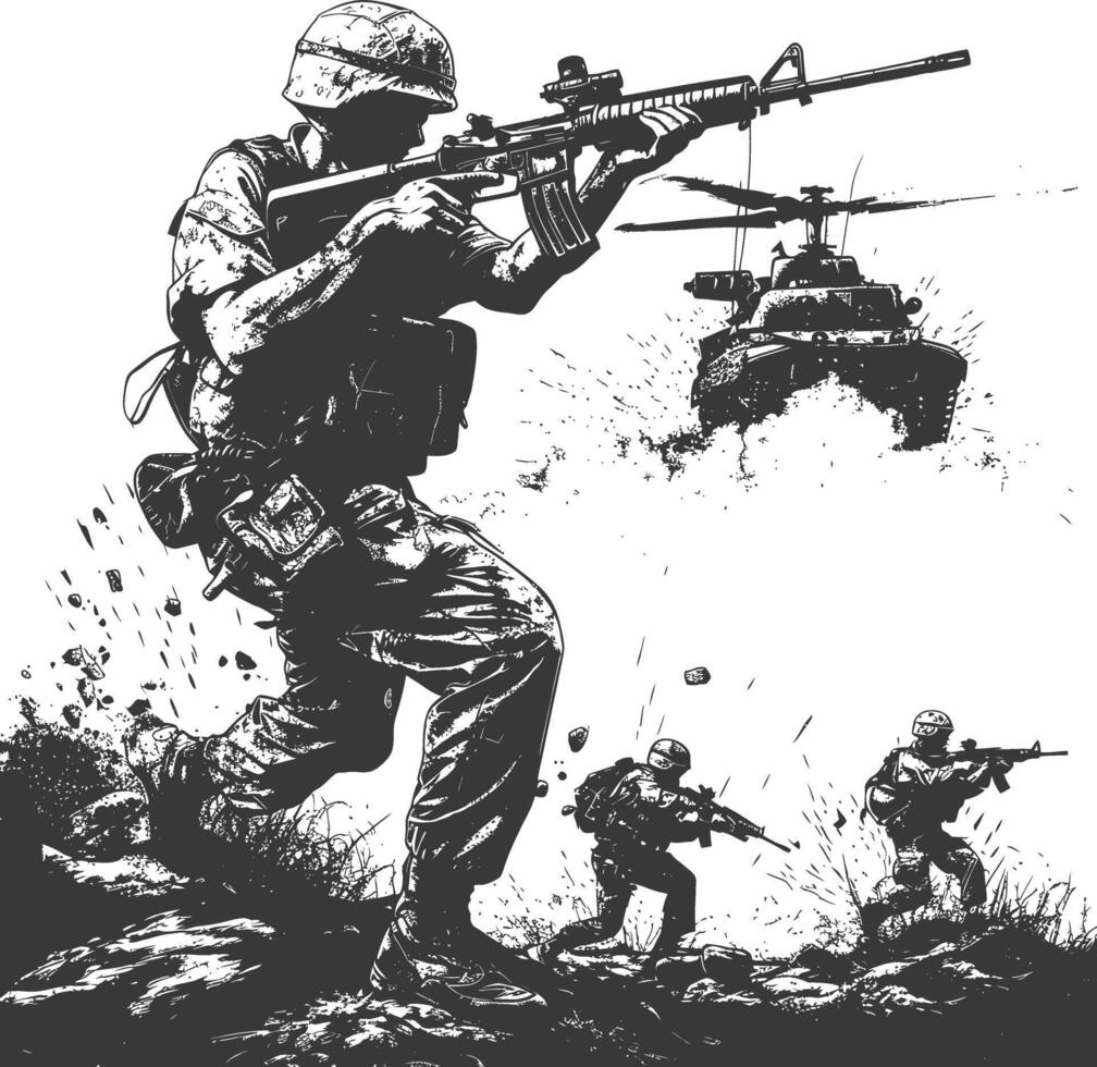 modern war situation with engraving style black color only vector