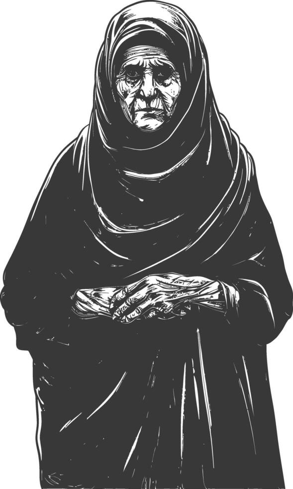 muslim elderly woman with engraving style black color only vector