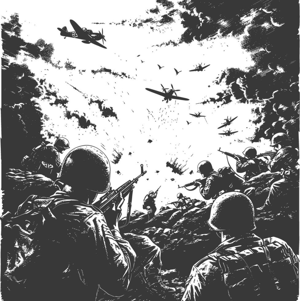 modern war situation with engraving style black color only vector