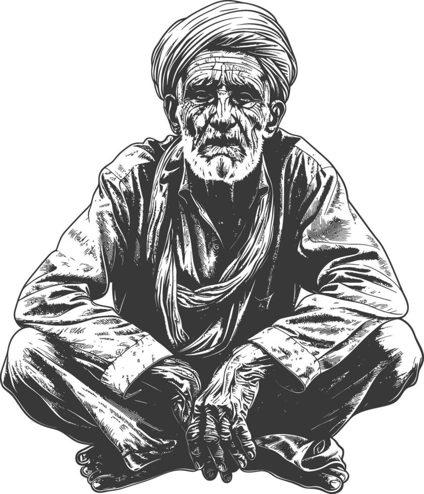 muslim elderly man body with engraving style black color only vector