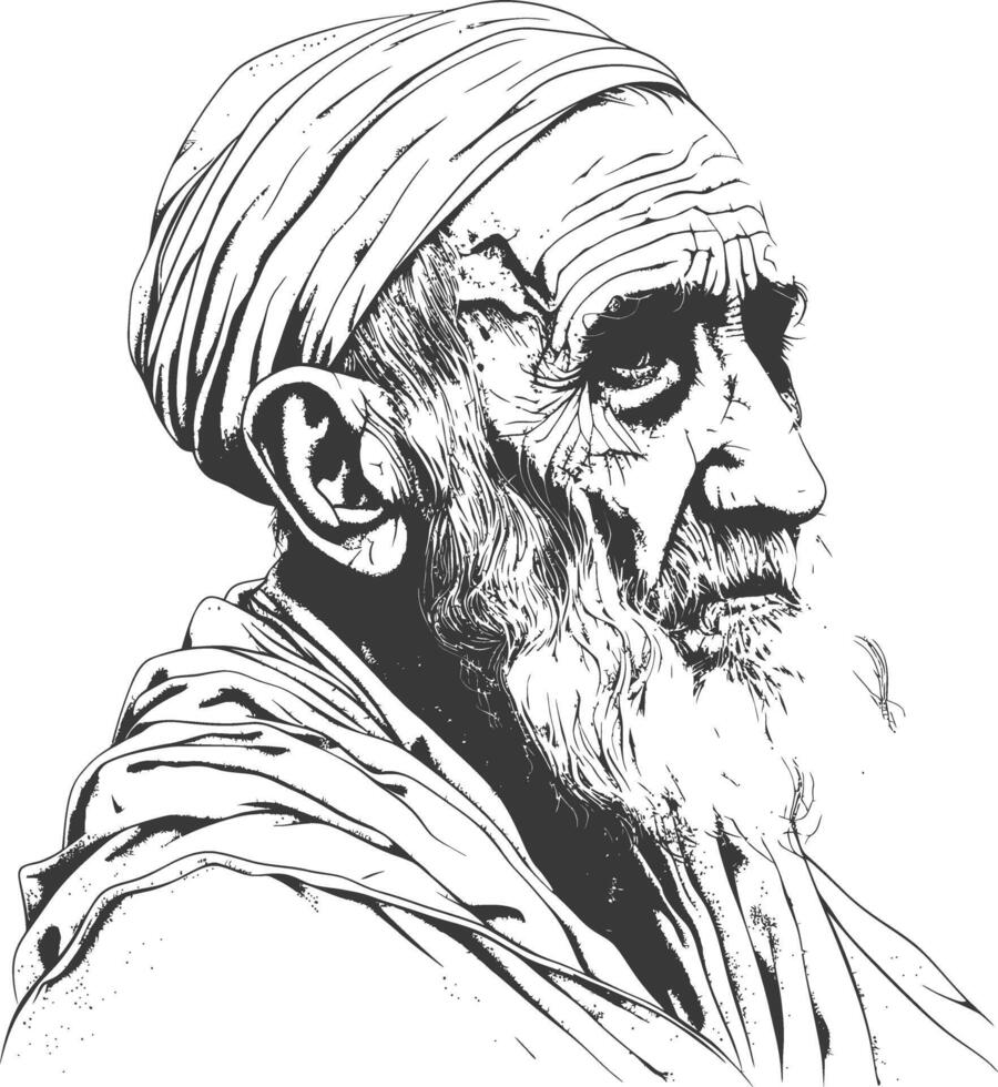 muslim elderly man body with engraving style black color only vector
