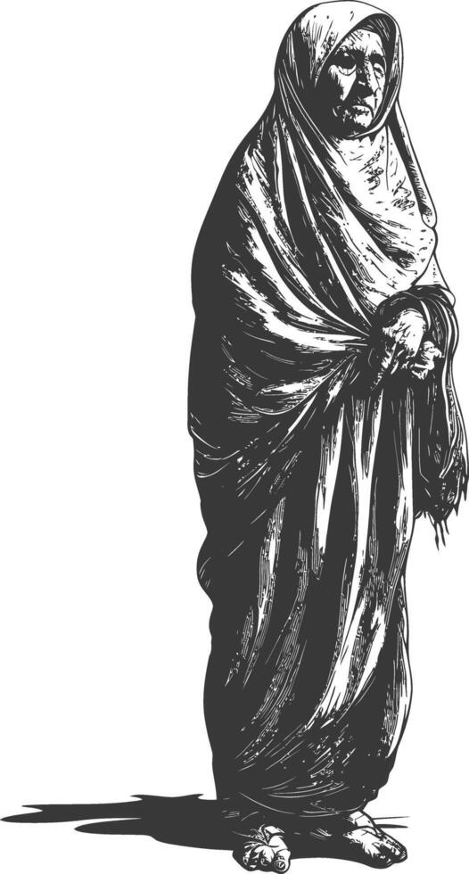 muslim elderly woman with engraving style black color only vector