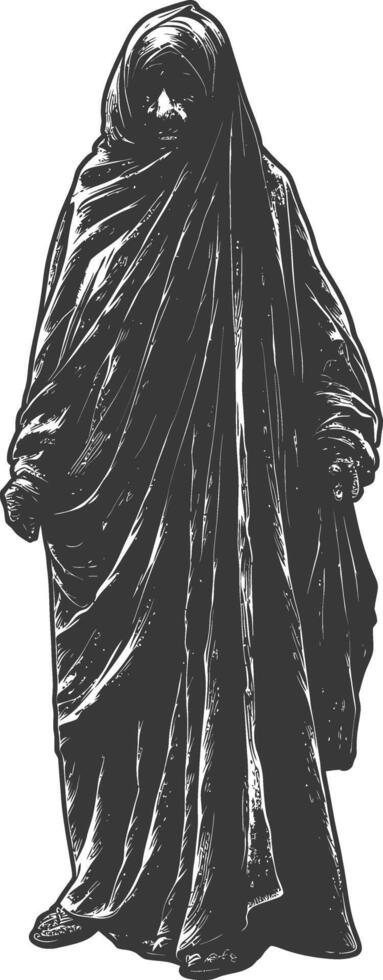 muslim elderly woman with engraving style black color only vector
