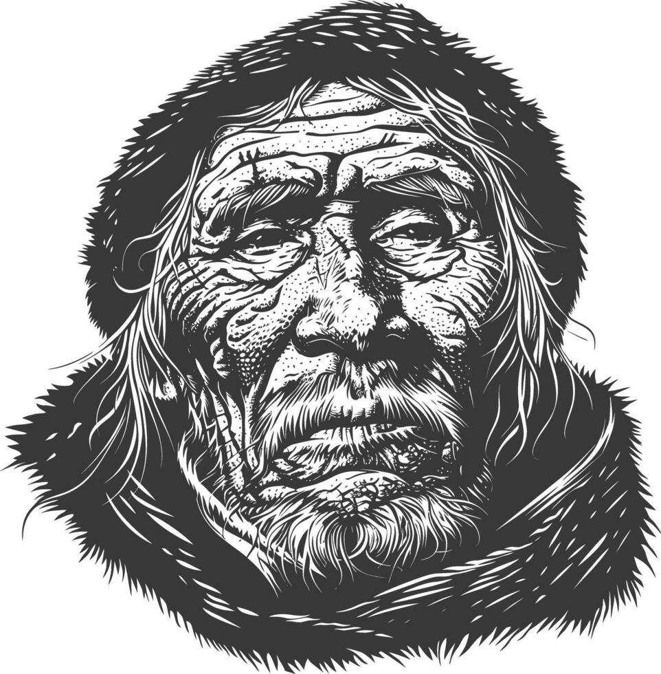 native arctic tribe elderly man body with engraving style black color only vector
