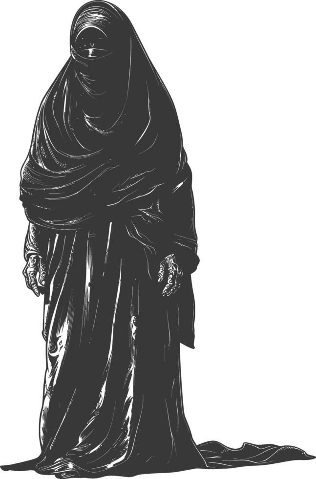 muslim elderly woman with engraving style black color only vector