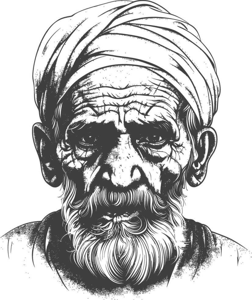 muslim elderly man body with engraving style black color only vector