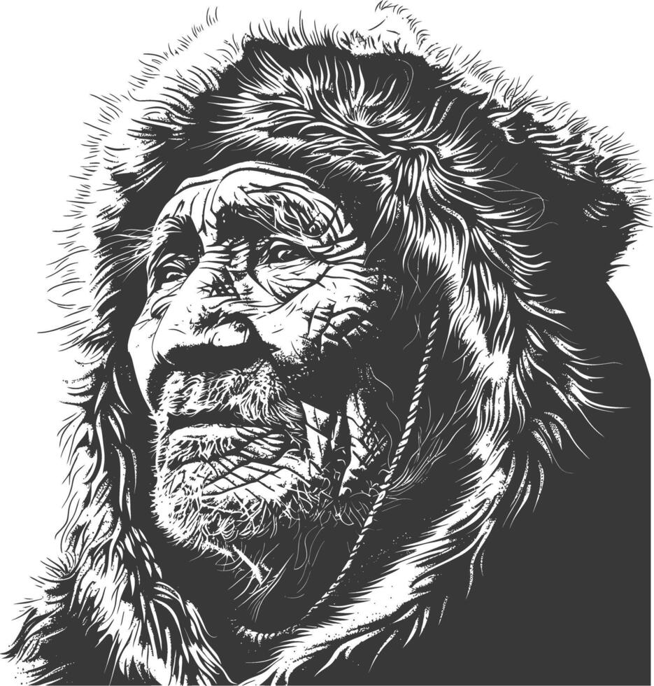native arctic tribe elderly man body with engraving style black color only vector