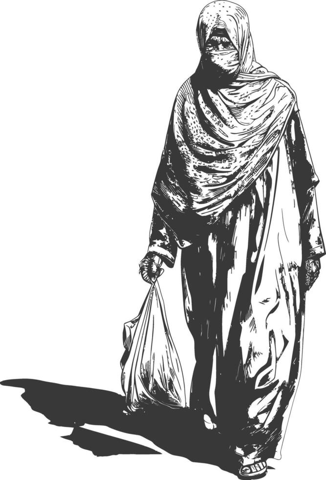 muslim elderly woman with engraving style black color only vector