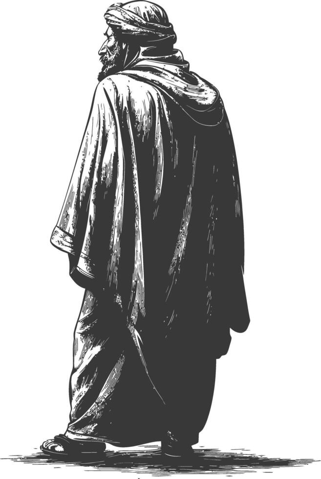 muslim elderly man body with engraving style black color only vector