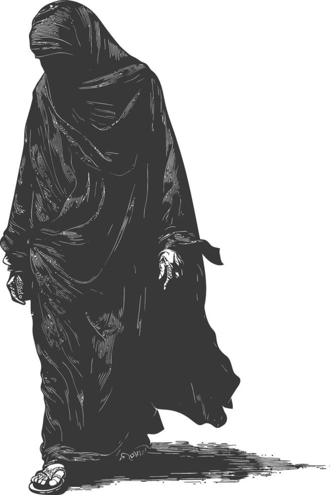 muslim elderly woman with engraving style black color only vector