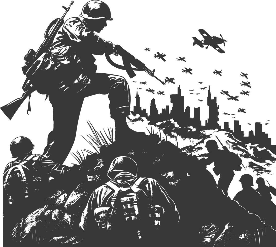 modern war situation with engraving style black color only vector