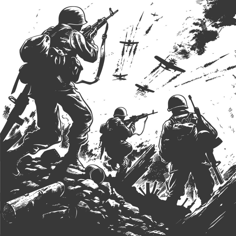 modern war situation with engraving style black color only vector